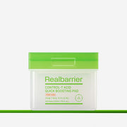 ProtoClinical k-beauty [Real Barrier] CONTROL-T Acid Quick Boosting Pad 210ml/100pads packaging with green and cream horizontal bands on a light background.