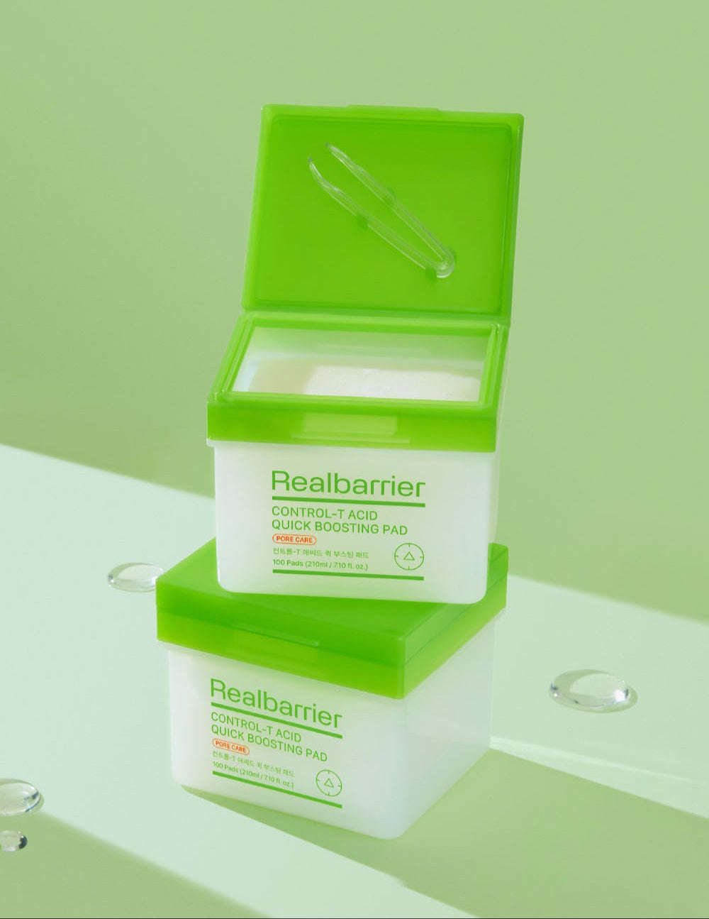 ProtoClinical k-beauty [Real Barrier] CONTROL-T Acid Quick Boosting Pad 210ml/100pads packaging with bright green and pale cream tones on a light background.