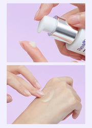 ProtoClinical k-beauty abstract beauty graphic with a mauve vertical band on a light pink background.