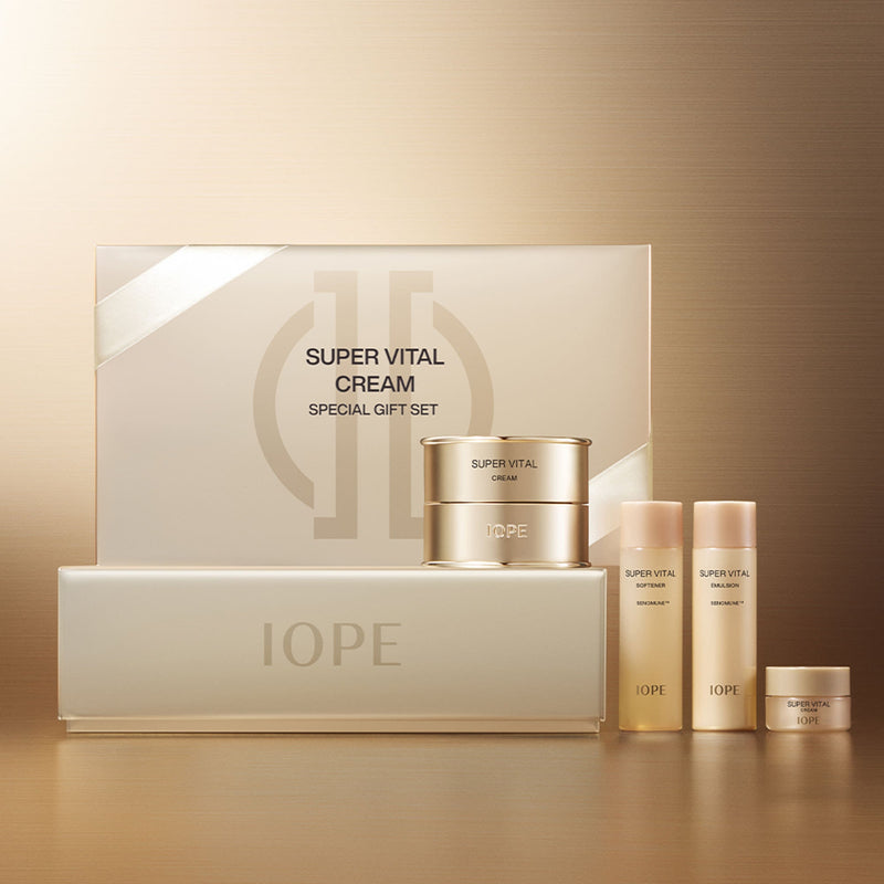 ProtoClinical k-beauty IOPE SUPER VITAL CREAM SPECIAL GIFT SET beige cream set packaging on a light background