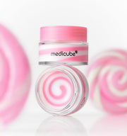ProtoClinical k-beauty MEDICUBE: PDRN Lip Sleeping Mask (10ml) shown as a close-up pink jar with a glossy translucent lid and pink-and-clear cream swirls above on a white background