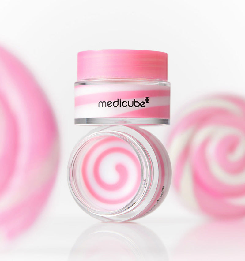 ProtoClinical k-beauty MEDICUBE: PDRN Lip Sleeping Mask (10ml) shown as a close-up pink jar with a glossy translucent lid and pink-and-clear cream swirls above on a white background
