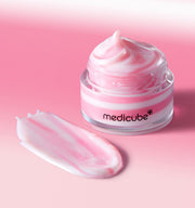 ProtoClinical k-beauty MEDICUBE: PDRN Lip Sleeping Mask (10ml) single pink jar centered in a vertical layout on a pale aqua and white background