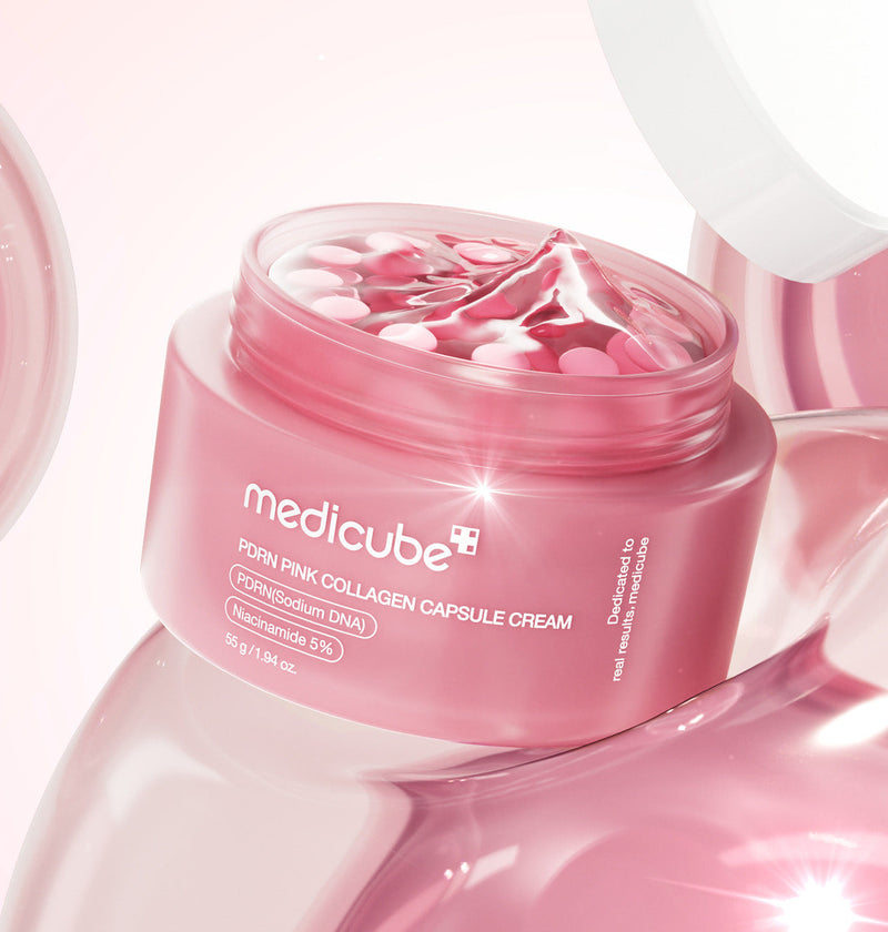 ProtoClinical k-beauty medicube PDRN Pink Collagen Capsule Cream 55ml single round pink cream jar centered on a pale pink background
