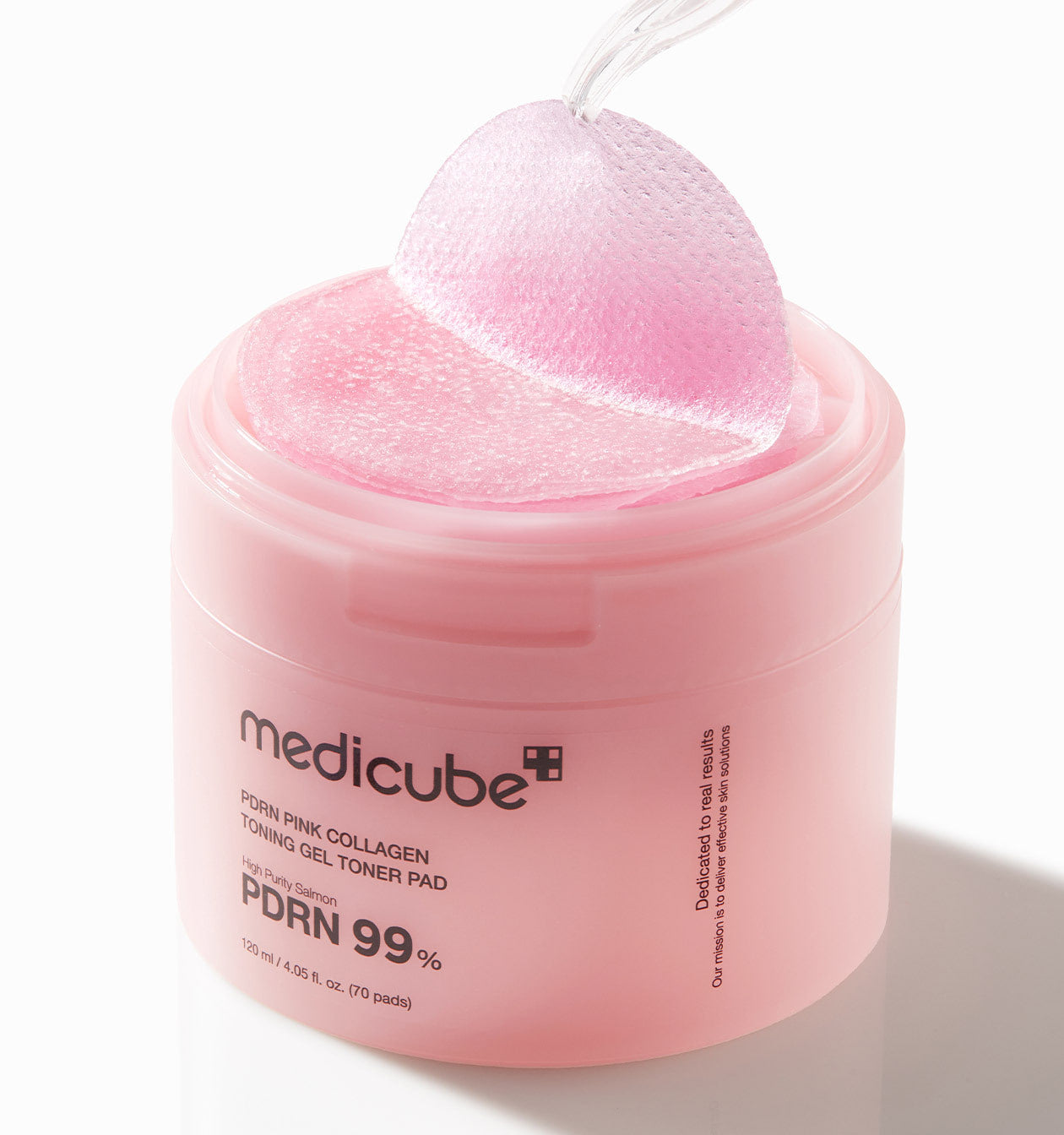 ProtoClinical k-beauty MEDICUBE: PDRN Pink Collagen Gel Toner Pad / (70pads) (120ml) single rosy pink container with a darker center panel on a white background with a pale aqua accent in the lower left
