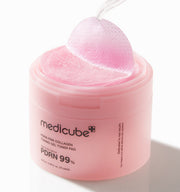 ProtoClinical k-beauty MEDICUBE: PDRN Pink Collagen Gel Toner Pad / (70pads) (120ml) single rosy pink container with a darker center panel on a white background with a pale aqua accent in the lower left