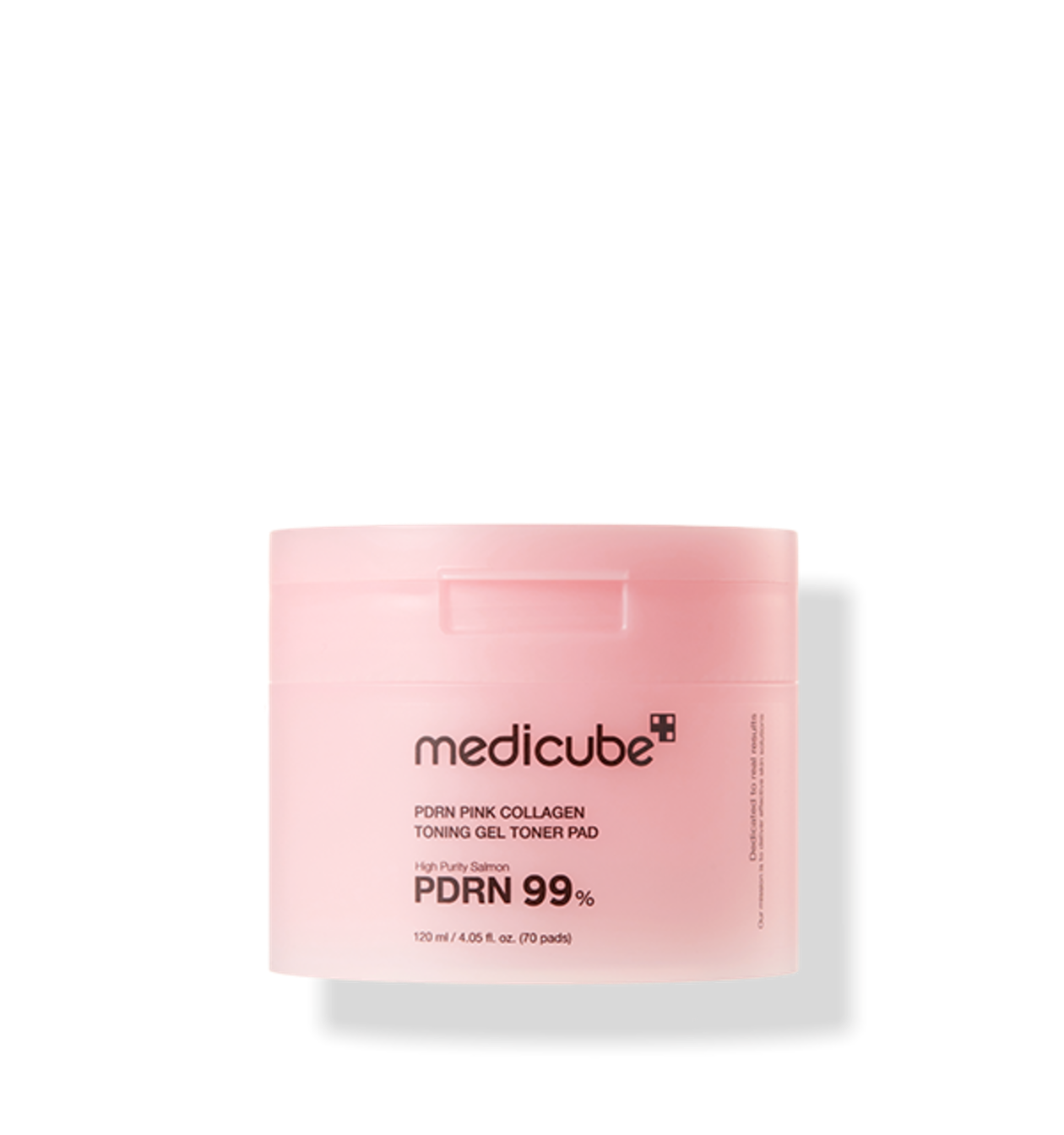 ProtoClinical k-beauty MEDICUBE: PDRN Pink Collagen Gel Toner Pad / (70pads) (120ml) single rosy pink container centered on a light background with pale aqua accents