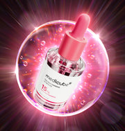 ProtoClinical k-beauty MEDICUBE: Txa Niacinamide 15% Serum (30ml) close-up pale pink serum bottle with soft blue accents on a light background