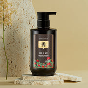 ProtoClinical k-beauty [Daeng Gi Meo Ri] Dlae Soo Hair Loss Care Shampoo 500ml single upright dark shampoo bottle centered on a beige and pale yellow background.