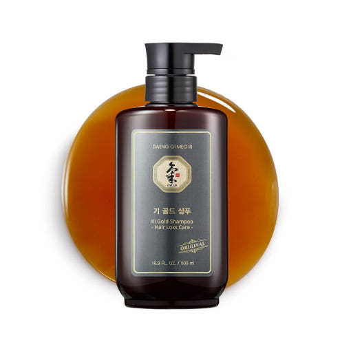 ProtoClinical k-beauty [Daeng Gi Meo Ri] Ki Gold Shampoo 500ml shown as a single rounded shampoo bottle with a brown center, pale peach side accents, and a light background