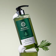 ProtoClinical k-beauty [Daeng Gi Meo Ri] Mugwort Relaxing Shampoo 500ml shown in a beauty close-up with a centered dark green vertical form on a pale olive background
