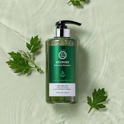 ProtoClinical k-beauty [Daeng Gi Meo Ri] Mugwort Relaxing Shampoo 500ml shown in a beauty close-up with a centered dark green vertical form on a pale olive background