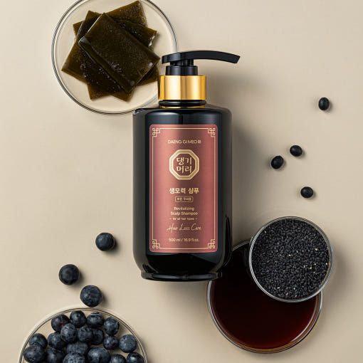 ProtoClinical k-beauty [Daeng Gi Meo Ri] Revitalizing Scalp Shampoo (For All Hair Types) Hair Loss Care 500ml shown as a tall brown bottle close-up with a darker lower section on a pale beige background
