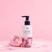 ProtoClinical k-beauty Foellie Capsule Feminine Wash 200ml #Bijou Scent single feminine wash bottle with a navy pump and peach-patterned lower label on a light background