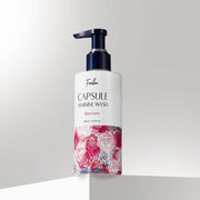 ProtoClinical k-beauty Foellie Capsule Feminine Wash 200ml #Bijou Scent single feminine wash bottle nestled in white foam with a navy pump and peach-patterned label