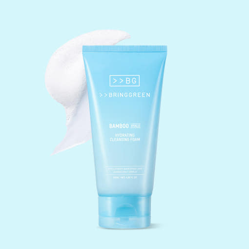 ProtoClinical k-beauty BRINGGREEN Bamboo Hyalu Hydrating Cleansing Foam 120ml single upright blue cleansing foam package centered on a pale blue background.