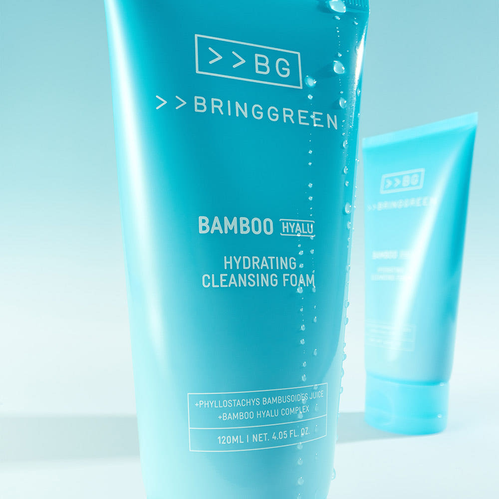 ProtoClinical k-beauty BRINGGREEN Bamboo Hyalu Hydrating Cleansing Foam 120ml single upright blue cleansing foam package centered on a light background.
