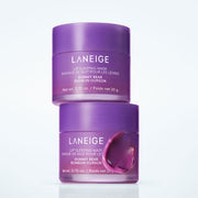 ProtoClinical k-beauty LANEIGE Lip Sleeping Mask EX 20ml #Gummy Bear shown as two stacked purple lip mask jars with a glossy pink swatch on a clean light background