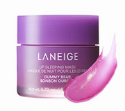ProtoClinical k-beauty LANEIGE Lip Sleeping Mask EX 20ml #Gummy Bear single purple lip mask jar beside a glossy pink swipe on a clean light background