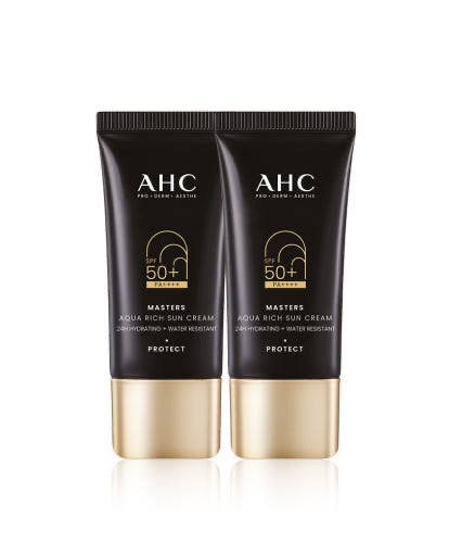 AHC Masters Aqua Rich Sun Cream (SPF50+/PA++++) 30ml+30ml Double Set by ProtoClinical shown in product packaging for a k-beauty skincare routine.