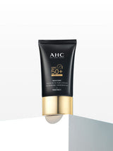ProtoClinical k-beauty AHC Masters Aqua Rich Sun Cream 50ml (SPF50+/PA++++) single upright dark sun cream package centered on a light background with pale blue side accents.