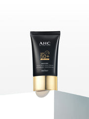 ProtoClinical k-beauty AHC Masters Aqua Rich Sun Cream 50ml (SPF50+/PA++++) single upright dark sun cream package centered on a light background with pale blue side accents.