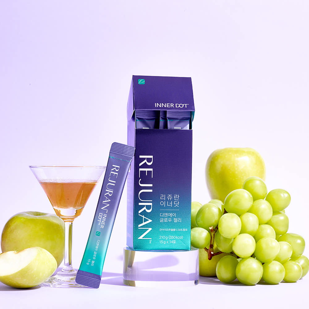 ProtoClinical k-beauty REJURAN Inner Dot DNA Glow Jelly 14ea front-facing jelly box packaging on a clean white background