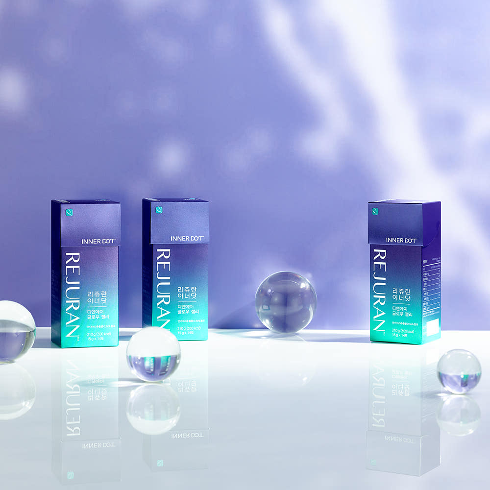 ProtoClinical k-beauty REJURAN Inner Dot DNA Glow Jelly 14ea blue and white product packaging centered on a clean white background