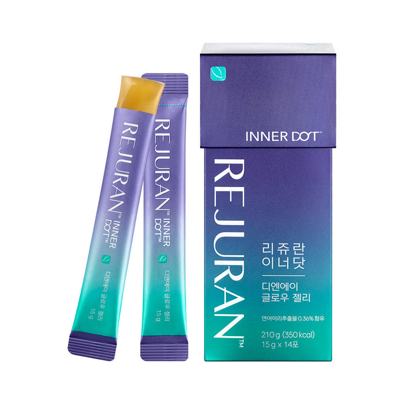ProtoClinical k-beauty REJURAN Inner Dot DNA Glow Jelly 14ea blue and white product box with a tall dark blue bottle centered on a clean white background