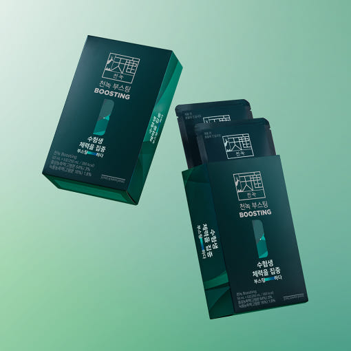 ProtoClinical k-beauty [Jung Kwan Jang] CheonNok BOOSTING 50ml*30Pouch mint green and charcoal product packaging on a light background