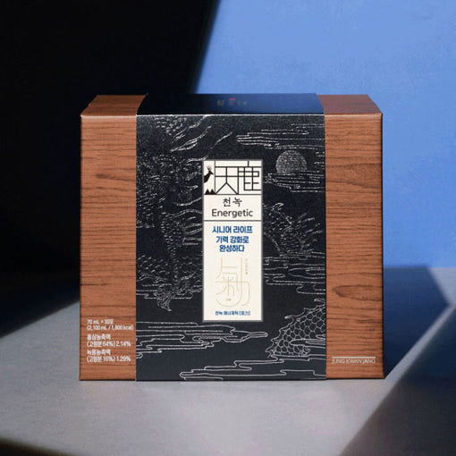 ProtoClinical k-beauty [Jung Kwan Jang] CheonNok Energetic 70ml*30Pouch dark product packaging with soft black, tan, and blue tones on a light background