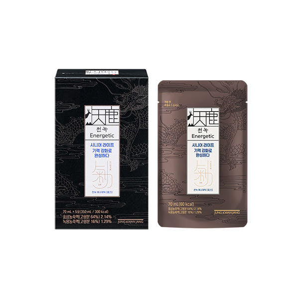ProtoClinical k-beauty [Jung Kwan Jang] CheonNok Energetic 70ml*30Pouch beige product packaging centered on a white background