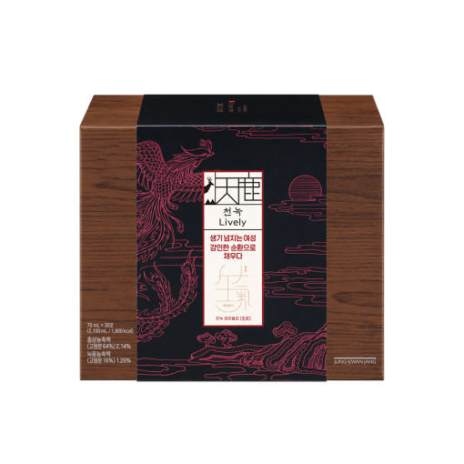 ProtoClinical k-beauty [Jung Kwan Jang] CheonNok Lively 70ml*30Pouch paired deep plum product packages on a light background