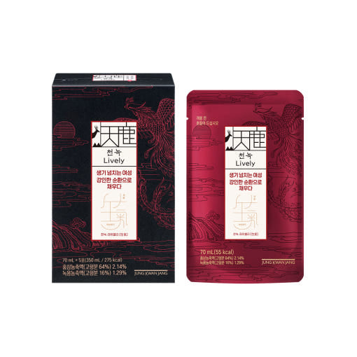 ProtoClinical k-beauty [Jung Kwan Jang] CheonNok Lively 70ml*30Pouch paired mauve product packages with pale aqua side accents on a light background