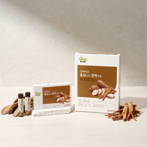 ProtoClinical k-beauty [Jung Kwan Jang] Goodbase Red Ginseng with Cheonma Ampoule 25ml*14ea soft beige product packaging on a muted sage and blush background
