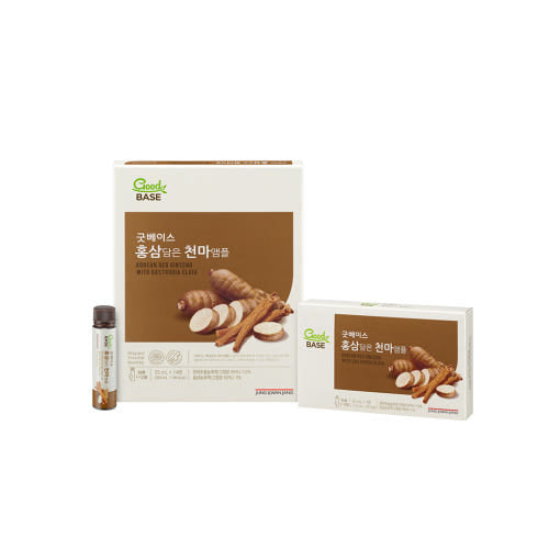 ProtoClinical k-beauty [Jung Kwan Jang] Goodbase Red Ginseng with Cheonma Ampoule 25ml*14ea paired taupe product packages with pale aqua corner accents on a light background