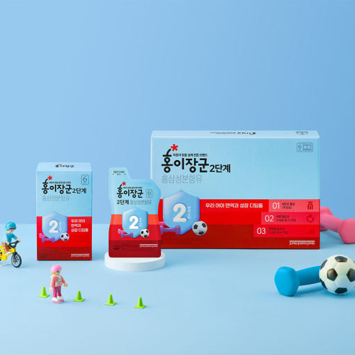 ProtoClinical k-beauty [Jung Kwan Jang] Kid Tonic Step 2 (Ages 5-7) 20ml X 30ea product graphic with a muted lavender horizontal band on a light blue gradient background