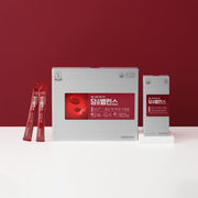 ProtoClinical k-beauty deep red beauty graphic with a soft pink center and pale aqua lower corners on a light background.