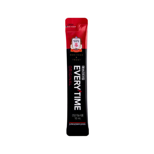 ProtoClinical k-beauty [Jung Kwan Jang] Korean Red Ginseng EveryTime 10mg*100Packs charcoal product container with pale mint side accents on a light background