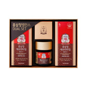 ProtoClinical k-beauty [Jung Kwan Jang] Korean Red Ginseng Extract Balance DUAL SET wide brown and peach product set arranged horizontally on a pale blue and white background