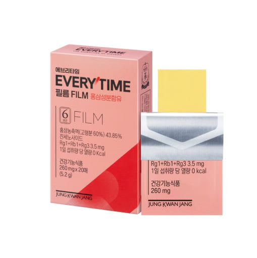 ProtoClinical k-beauty [Jung Kwan Jang] Korean Red Ginseng Extract Every Time FILM (260mg*20Sheets) rounded coral product silhouette with deep brown top accents on a light background