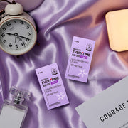 ProtoClinical k-beauty muted mauve beauty graphic with a warm brown right-edge band on a cool gray background.