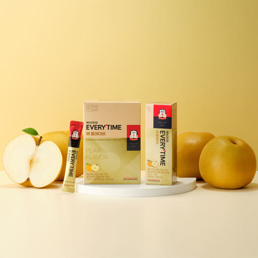 Jung Kwan Jang Everytime Pear Flavor red ginseng extract packaging, 10 ml x 20 sticks.