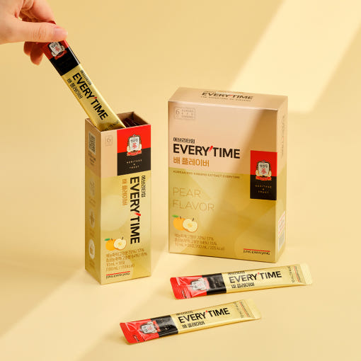 Jung Kwan Jang Everytime Pear Flavor 10 ml red ginseng extract sachet packaging.