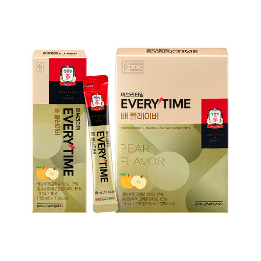 Jung Kwan Jang Everytime Pear Flavor single-serve red ginseng extract sticks and packaging.