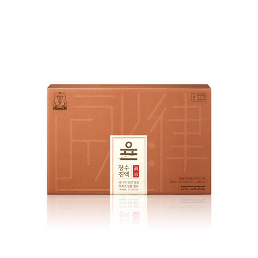 ProtoClinical k-beauty [Jung Kwan Jang] Korean Red Ginseng Extract Jangsu: Yul Jangsu Essence 50ml*30ea with two warm brown cylindrical items shown side by side on a white background with pale blue accents
