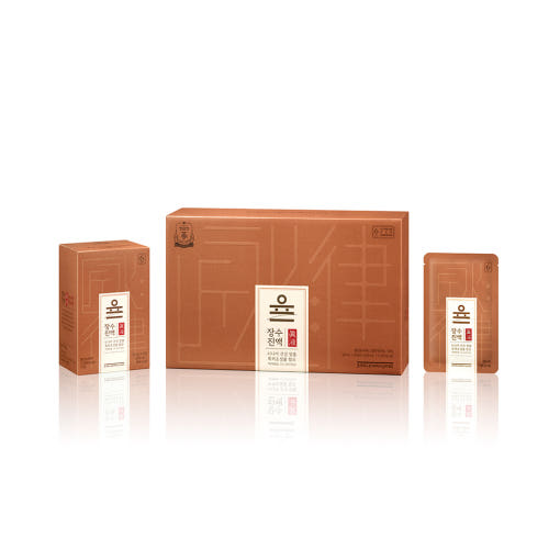 ProtoClinical k-beauty [Jung Kwan Jang] Korean Red Ginseng Extract Jangsu: Yul Jangsu Essence 50ml*30ea with a single warm brown cylindrical item shown horizontally on a white background with pale blue accents