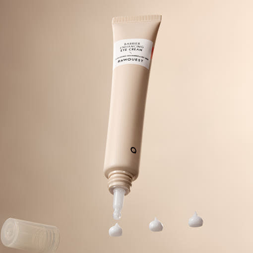 ProtoClinical k-beauty RAWQUEST Barrier Enhancing Eye Cream 30ml abstract graphic with warm beige and pale gray vertical blending on a light background