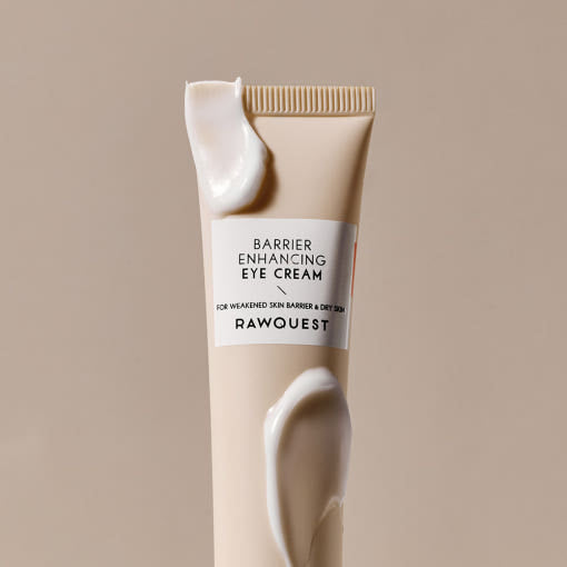 ProtoClinical k-beauty RAWQUEST Barrier Enhancing Eye Cream 30ml abstract graphic with cool green-gray tones and dark charcoal accents on a light background