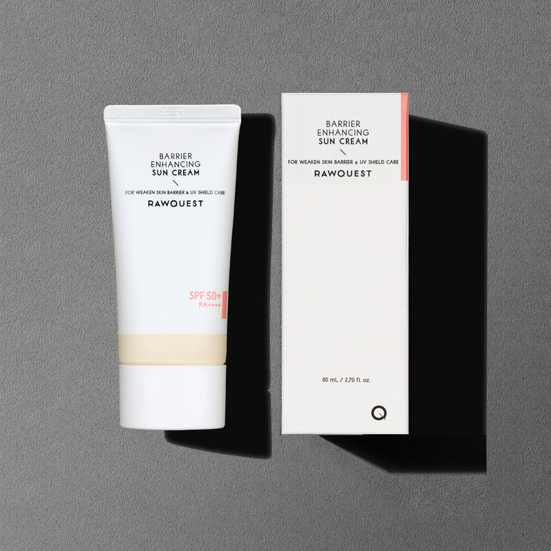 ProtoClinical k-beauty RAWQUEST Barrier Enhancing Sun Cream 50ml single upright sun cream package on a light background.